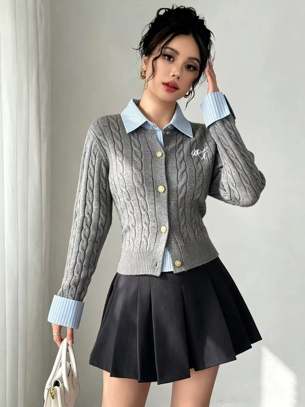 Preppy Cable Knit Cardigan Fake Two Piece Shirt Collar Embroidery Slimming Short